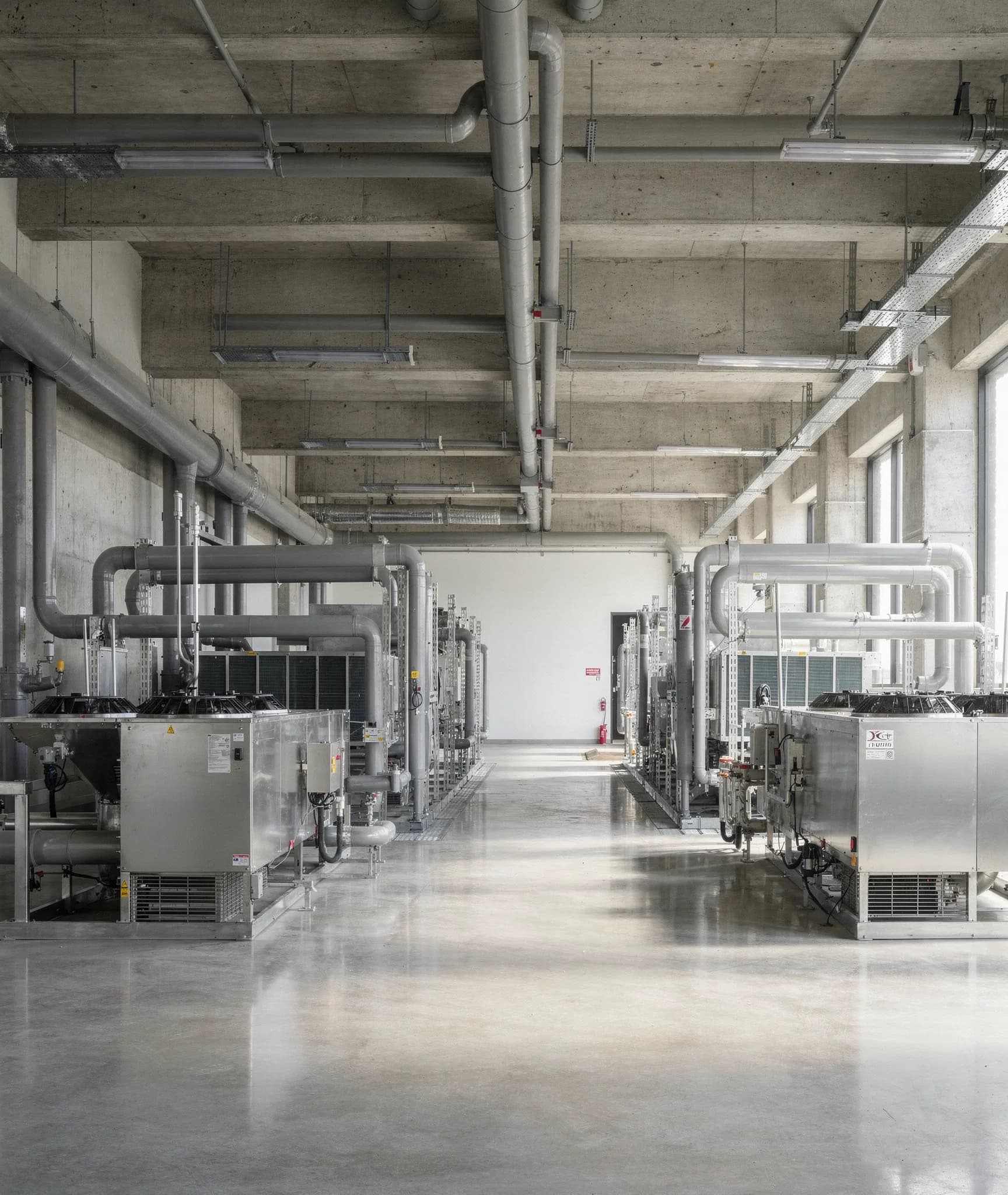 Clean industrial mechanical room with HVAC chillers and piping