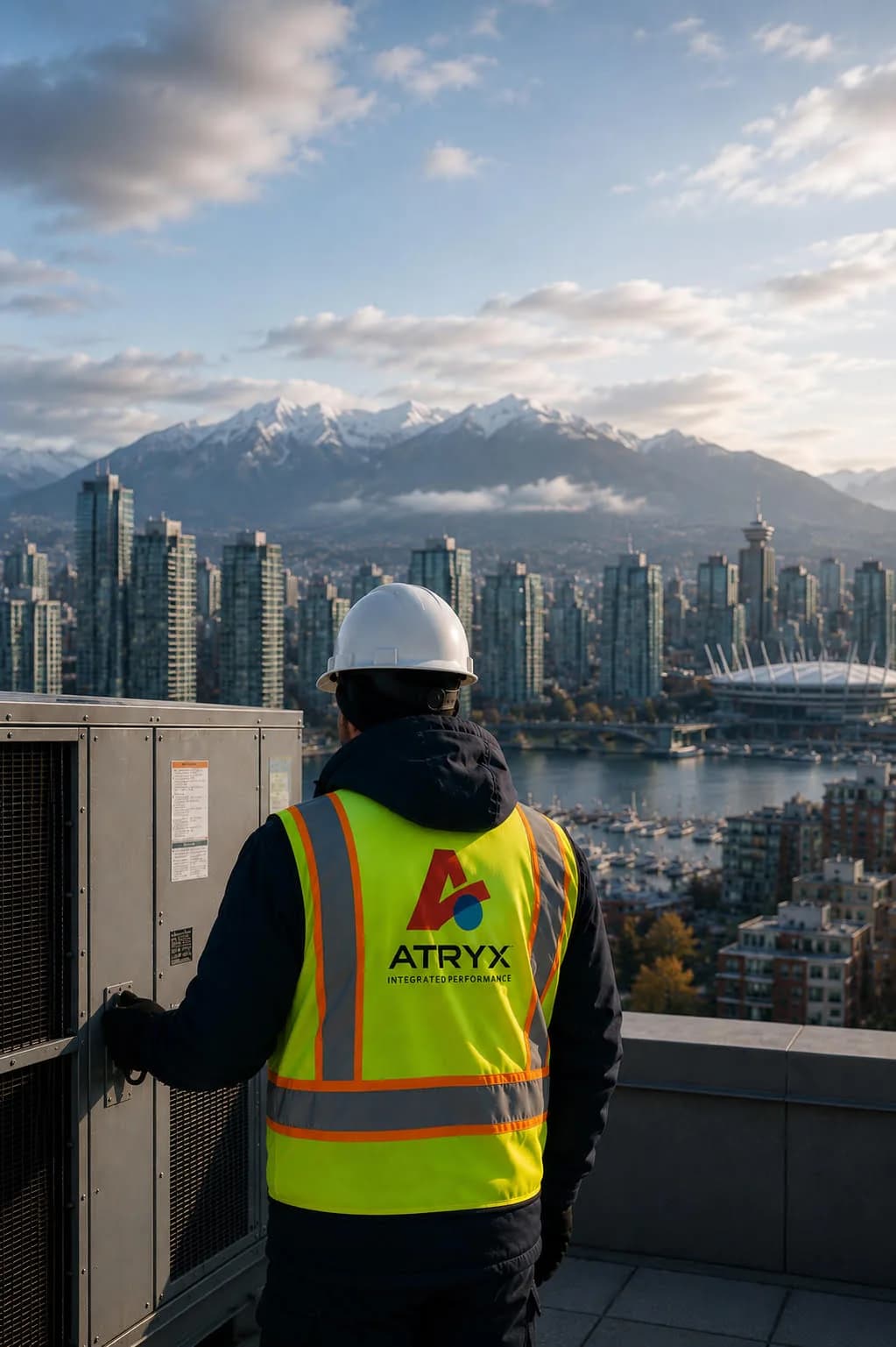 ATRYX technician on a Vancouver rooftop with the CN Tower in the background
