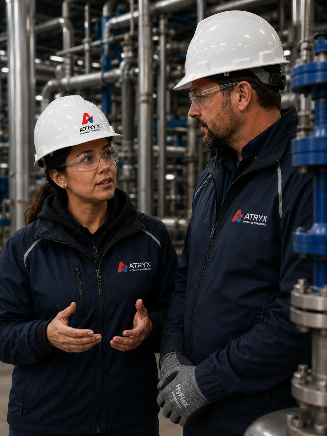 ATRYX team members in branded gear discussing operations on a mechanical site